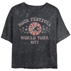 Rock your look in this Juniors' Rock Festival World Tour 1977 Cropped Graphic Tee. FEATURES Short sleeves CrewneckFABRIC & CARE Cotton Machine wash Imported Size: Small. Color: Black. Gender: female. Age Group: adult. Graphic Band Tees, Rock Festival, Rock Festivals, Band Tees, World Tour, Gender Female, Graphic Tee, Age Group, Graphic Tees