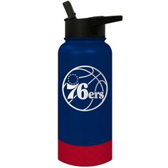 a blue and red water bottle with the philadelphia 76ers logo on it's side