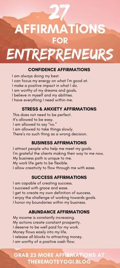 a pink poster with the words affirmations for entrepreneurs and an image of mountains