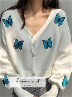 Women White V Neck Blue Butterfly Print Knit Cardigan with Long Balloon Sleeve and Pearl Buttons Clothes With Butterflies, Blue Dress With Cardigan, Blue Butterfly Outfit, Blue Butterfly Dress, Butterfly Clothing, Butterfly Stuff, Butterfly Cardigan, Butterfly Outfit, Butterfly Clothes