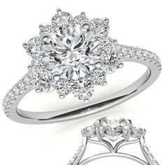 a diamond engagement ring with an intricate halo setting