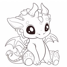 a cute little dragon sitting on the ground with big eyes and large horns, outlined in black