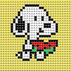 an image of a pixel style dog with red and black dots on it's face