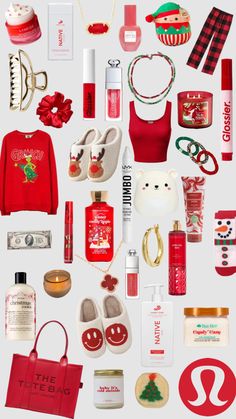 an assortment of christmas items displayed on a white background