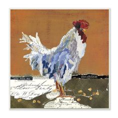 a painting of a rooster on top of a piece of paper with writing underneath it