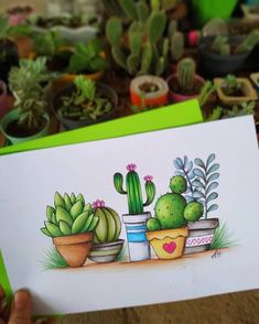 a person holding up a card with some plants on it in front of potted plants