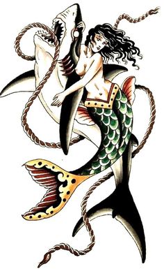 a drawing of a mermaid with a fish on it's tail and a rope around her neck