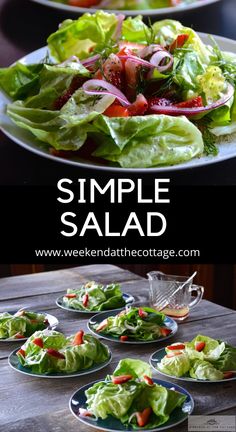 a salad with lettuce, tomatoes and onions on it is shown in three separate plates