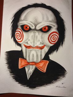 a drawing of a creepy clown with red eyes and an orange bow tie is shown