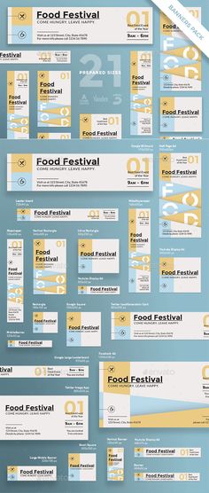 a bunch of different types of papers on a blue and yellow background with the words food festival