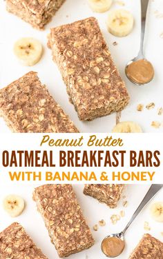 peanut butter oatmeal breakfast bars with banana and honey on a white surface