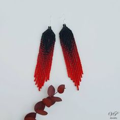 Black Red Seed Bead Earrings Chandelier Earrings Gradient | Etsy Red Beaded Fringe Earrings, Red And Black Beaded Earrings For Festival, Red And Black Seed Bead Earrings, Adjustable Red Beaded Fringe Earrings, Red Drop Earrings With Black Beads, Lavender Hair Colors, Beadwork Earrings, Ombre Earrings, Earrings Chandelier