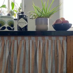 some plants and fruit are sitting on top of a window sill in front of a potted plant