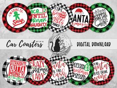 christmas buttons with the words car coasters in different colors and designs, all on one button