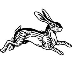 a black and white drawing of a rabbit leaping in the air with its legs spread out