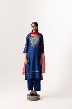 This kurta has a bandhani yoke along with hand cut gota jaal. Bandhani continues along the kurta bottom and sleeves. This kurta comes clubbed with an red organza stole and silk pants. Silk Pants, Pants, Red, Blue, Trousers