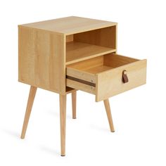 a wooden table with two drawers on one side and an open drawer on the other