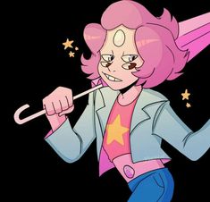 a cartoon character with pink hair and stars on her shirt, holding an umbrella in one hand