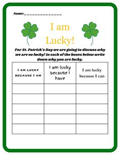 i am lucky worksheet for st patrick's day with four leaf clovers