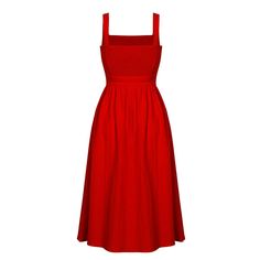 Slim Fit Wide Strap Square Neck Ruched Waist Midi Dress Fitted Sleeveless Smocked Dress, Fitted Ruched Solid Color Sundress, Fitted Ruched Solid Sundress, Fitted Ruched Sundress In Solid Color, Solid Color Ruched Cotton Dress, Red Ruched Cotton Dress, Solid Ruched Sundress For Spring, Spring Ruched Sundress, Spring Solid Ruched Sundress