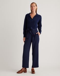 Update your wardrobe with an always-chic paperbag pant. With a little stretch, plenty of pockets, and a removable belt, this will become your go-to pant. Easily dress up or down!  | Quince | Women's Stretch Crepe Paperbag Pants in Navy, Size 8, Polyester Style Pant, Paperbag Pants, Update Your Wardrobe, Stretch Crepe, Mulberry Silk, Back To Black, Black Charcoal, Quince, Blue Stripes