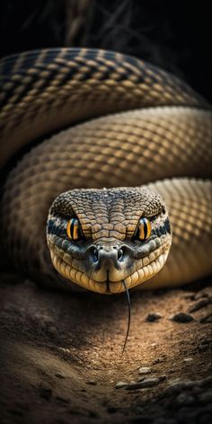 a close up of a snake with it's mouth open and eyes wide open