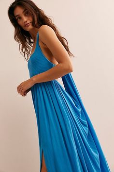 So beachy for any season, this stunning maxi from our free-est collection will turn heads with every wear. **Fit:** Billowy, A-line silhouette **Features:** Square neckline, babydoll bust cut, sultry tie-back detail, smocked bust, slit hem feature **Why We ❤ It:** Elevated with sleek heels or off duty with simple sandals, this style has endless ways to wear. | Look My Way Maxi Dress by free-est at Free People in Blue, Size: M Simple Sandals, Flowy Design, Style Maxi Dress, Off Duty, Jeans Dress, Square Neckline, Boho Outfits, My Way, New Outfits