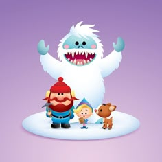 an animated character is standing in the snow with two other characters and a small dog