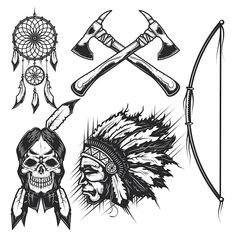 native american tattoos and headdresses with arrows, feathers and skulls on white background