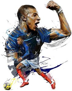 an artistic painting of a soccer player with his fist up and another man in the background