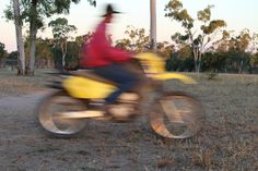 a blurry photo of a person on a motorbike with trees in the background