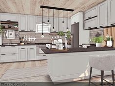 a rendering of a kitchen with white cabinets and gray counter tops, two bar stools