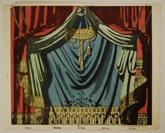 an illustration of a blue curtain with gold trim and a chandelier hanging from it