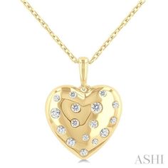 This diamond fashion pendant is a beautifully crafted piece that embodies elegance and romance. It features a delicate puffed heart design, symbolizing love and affection, with 16 round cut diamonds artfully sprinkled across its surface. These diamonds are set in a stunning miracle plate setting, which enhances their brilliance and makes them appear larger. The pendant is connected to a chain by a simple, plain gold loop holder. Both the pendant and chain are framed in 10 karat yellow gold or wh Heart Shaped Diamond Pendant, Plate Setting, Love And Affection, Fashion Pendant, Puffed Heart, Heart Shaped Diamond, Diamond Fashion, Round Cut Diamond, Plate Sets