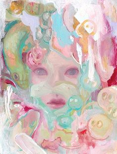 an abstract painting of a woman's face with flowers in her hair and eyes