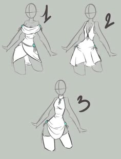 the steps to draw a woman's dress in three different ways, including how to tie