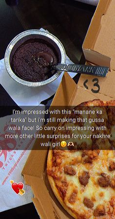 a pizza in a box next to a bowl of chocolate pudding and a cup of coffee