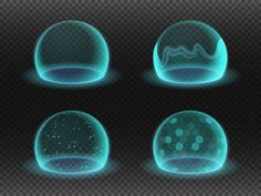 four glowing glass balls with different shapes and sizes, on a dark transparent background illustration