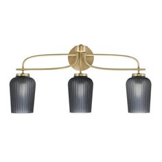 three light brass finish bathroom fixture with frosted glass shades and an adjustable arm bar