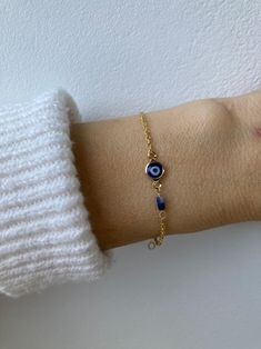 Evil Eye Bracelet. Gold Filled Evil Eye Bracelet. Gold Fill - Etsy Cyprus Greek Evil Eye Bracelet, Everyday Blue Bracelet With Adjustable Chain, Blue Adjustable Chain Bracelet For Everyday, Blue Evil Eye Bracelet Gift, Blue Evil Eye Bracelets, Elegant Everyday Evil Eye Bracelet, Adjustable Dainty Evil Eye Bracelet, Handmade Elegant Evil Eye Bracelet For Everyday, Blue Resizable Evil Eye Bracelet