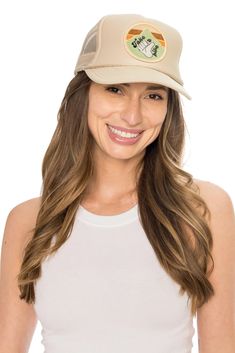 COLOR: Tan Find your 'Friday Happy' no matter what day it is! A hat to look and feel good in! A comfortable foam front, mesh back, high crown trucker hat featuring an adjustable snap back. DETAILS + CARE: Front: 100% Polyester Back: 100% Nylon Front panel with lining Made locally in Newport Beach, CA Beige Trucker Hat Snapback, Beige Trucker Hat One Size, Adjustable Beige Trucker Hat, Beige Trucker Hat With Curved Bill For Outdoor, Adjustable Beige Trucker Hat With Curved Bill, Beige Curved Bill Trucker Hat For Outdoor, Beige Adjustable 5-panel Trucker Hat, Adjustable Beige 5-panel Trucker Hat, Beige Trucker Baseball Cap