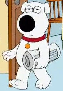 a cartoon dog standing in front of a door