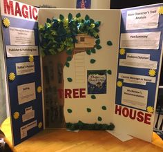 a tree house made out of cardboard and paper with trees on the sides, surrounded by other information boards