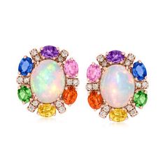 LeVian - Le Vian "Creme Brulee" Neopolitan Opal Earrings, 1.80ct t. w. Multi-Gemstones, .27ct t. w. Nude Diamonds in 14kt Strawberry Gold. With a rich history dating back to the 15th century, Le Vian jewelry is well known for its decadent designs and innovative use of color. This vibrant pair of "Creme Brulee" earrings present dreamy 10x8mm oval opal cabochons, each encircled by a rainbow of oval gems, including 1.80 ct. tot. gem wt. orange garnet, amethyst, tsavorite and pink, yellow and blue s Le Vian Jewelry, Levian Jewelry, Garnet Birthstone, Ethiopian Opal Ring, Luxe Jewelry, Le Vian, Sapphire Color, Amethyst Color, Natural Gold