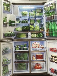 an open refrigerator filled with lots of different types of vegetables and fruit in it's doors