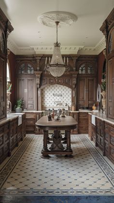 a large kitchen with wooden cabinets and a chandelier