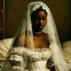 a woman in a white wedding dress sitting on a bed with her head turned to the side