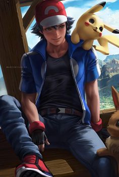 a man sitting on top of a bench next to a dog and a pikachu