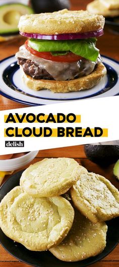 an avocado sandwich and some cookies on a plate with the words avocado cloud bread