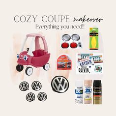 an advertisement for the new volkswagen brand, featuring items from its cars and their logos